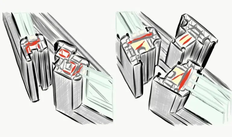 Detailansicht von Fensterschnittmodellen, die Unterschiede in der Bauweise verdeutlichen. Hochwertige Fenstertechnik von NORTA.