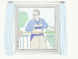 Illustration: Eine Person misst ein Fenster aus. Anleitung zum korrekten Fensteraufmaß für NORTA Produkte.