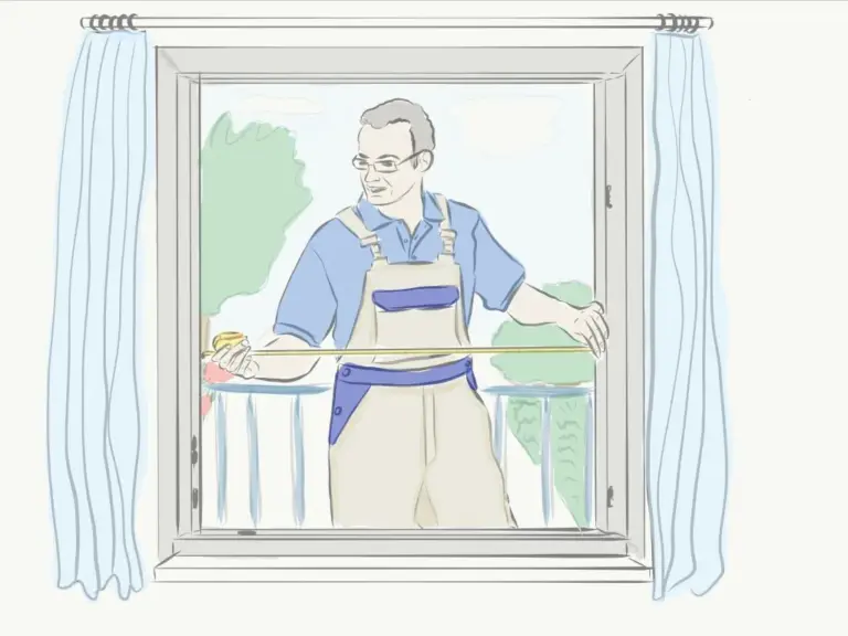 Illustration: Eine Person misst ein Fenster aus. Anleitung zum korrekten Fensteraufmaß für NORTA Produkte.