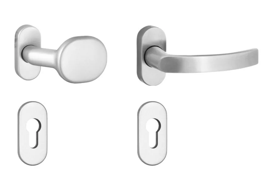 Türbeschlag in Edelstahl-Optik von NORTA. Inklusive Drücker für Türen in modernem Design und robuster Qualität.