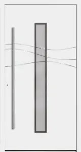 Moderne Aluminium-Haustür 1211 in Weiß von NORTA. Stilvoll mit langem Griff und Glaseinsatz für hohe Sicherheit und Dämmung.