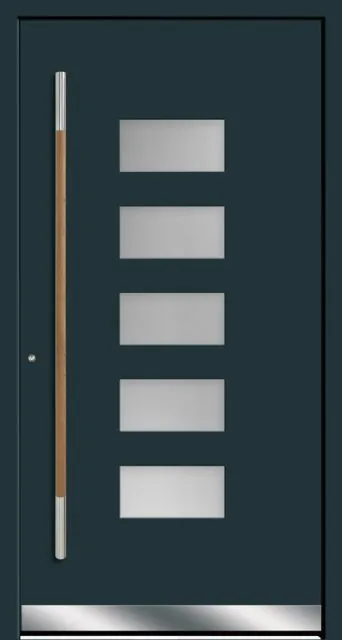 Moderne Aluminium-Haustür Modell 3514 mit Glasfräsung und langem Griff von NORTA. Stilvoller Eingangsbereich mit hoher Sicherheit und Dämmung.