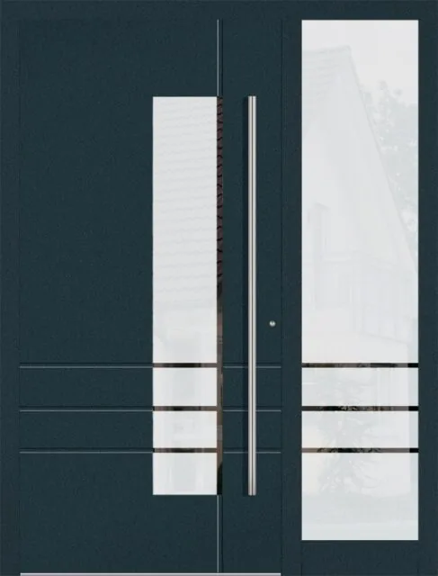 Moderne Aluminium-Haustür Modell 3914 von NORTA. Stilvolles Design mit Glas und langen Griffen für hohe Sicherheit und Isolation.