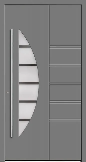 Moderne Alu-Haustür Modell 5614 von NORTA. Stilvolles Design mit asymmetrischer Glasgestaltung und hohem Sicherheitsstandard.