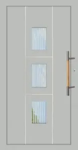 Moderne Aluminium-Haustür mit Glaseinsätzen von NORTA. Stilvolle Optik und Sicherheit für Ihren Eingangsbereich.