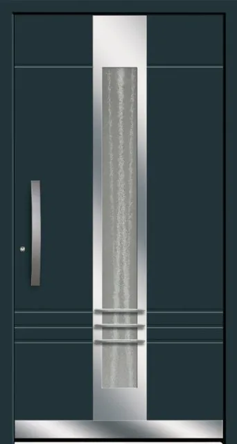 Moderne Aluminium-Haustür HTA-1714 in Dunkelblau von NORTA. Stilvolles Design mit vertikalem Glaseinsatz und Griff.