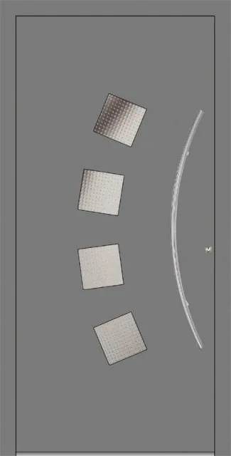 Moderne Aluminium-Haustür HTA-3614 in Grau von NORTA. Stilvolles Design mit quadratischen Glaseinsätzen und gebogenem Griff.