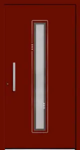 Moderne Aluminium-Haustür Modell 1212 in Rot von NORTA. Stilvoller Eingangsbereich mit Glasdetails für hohe Sicherheit und Dämmung.