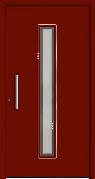 Moderne Aluminium-Haustür Modell 1212 in Rot von NORTA. Stilvoller Eingangsbereich mit Glasdetails für hohe Sicherheit und Dämmung.