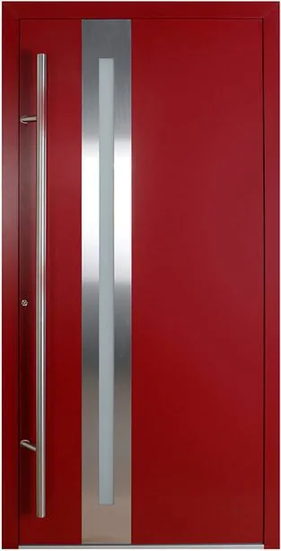 Moderne Aluminium-Haustür Modell 6398 in Rot von NORTA. Stilvoller Eingangsbereich mit hoher Sicherheit und Dämmung.