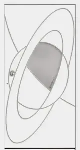 Moderne Aluminium-Haustür mit einzigartigem geometrischem Design in Weiß von NORTA. Stilvoll und sicher für Ihren Eingangsbereich.