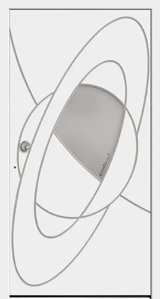 Moderne Aluminium-Haustür mit einzigartigem geometrischem Design in Weiß von NORTA. Stilvoll und sicher für Ihren Eingangsbereich.