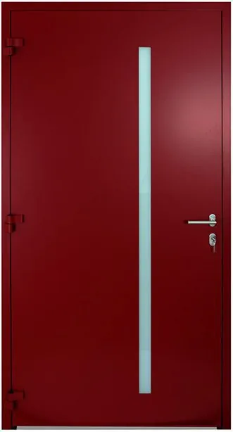 Moderne Aluminium-Haustür von NORTA mit vertikalem Glaseinsatz und eleganter Optik in Rot. Stilvoller Eingangsbereich.