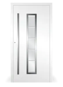 Moderne Aluminium-Haustür Modell 01 in Weiß von NORTA. Stilvoller Eingangsbereich mit hoher Sicherheit und Dämmung.
