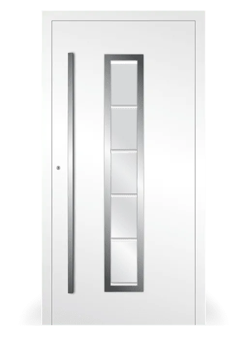 Moderne Aluminium-Haustür Modell 01 in Weiß von NORTA. Stilvoller Eingangsbereich mit hoher Sicherheit und Dämmung.