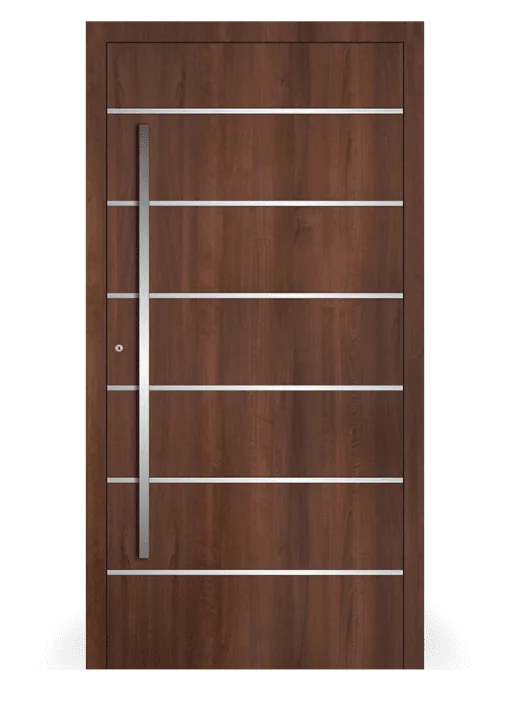 Moderne Aluminium-Haustür Modell 04 in Nussbaum von NORTA. Stilvoller Eingangsbereich mit hoher Sicherheit und Dämmung.