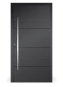 Moderne Aluminium-Haustür Inspiro Modell 05 von NORTA. Stilvolles Design mit linearer Fräsung und elegantem Griff.