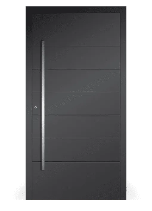 Moderne Aluminium-Haustür Inspiro Modell 05 von NORTA. Stilvolles Design mit linearer Fräsung und elegantem Griff.