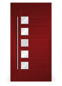 Moderne Aluminium-Haustür Inspiro Modell 07 in Rot von NORTA. Mit dekorativen Glasakzenten und elegantem Türgriff, hohe Sicherheit.
