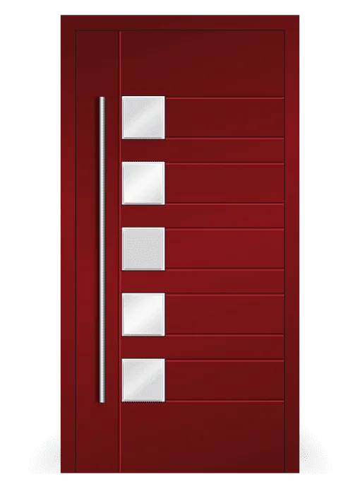 Moderne Aluminium-Haustür Inspiro Modell 07 in Rot von NORTA. Mit dekorativen Glasakzenten und elegantem Türgriff, hohe Sicherheit.