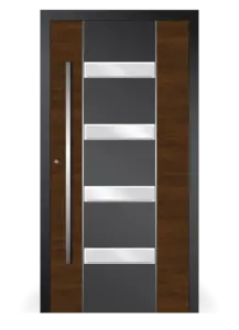 Moderne Aluminium-Haustür Modell Inspiro 09 in Holzoptik von NORTA. Stilvoller Eingangsbereich mit hoher Sicherheit und Dämmung.