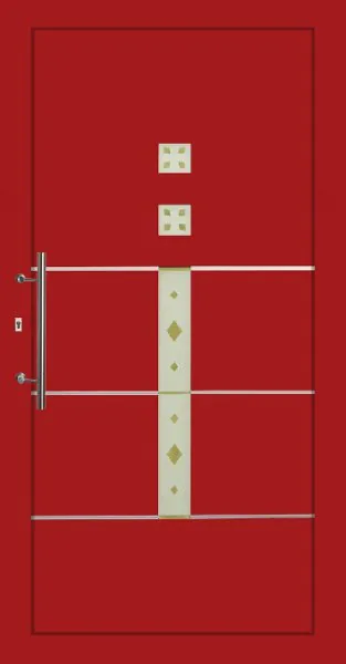 Moderne Aluminium-Haustür Modell 12 in Rot von NORTA. Stilvoller Eingangsbereich mit hoher Sicherheit und Dämmung.