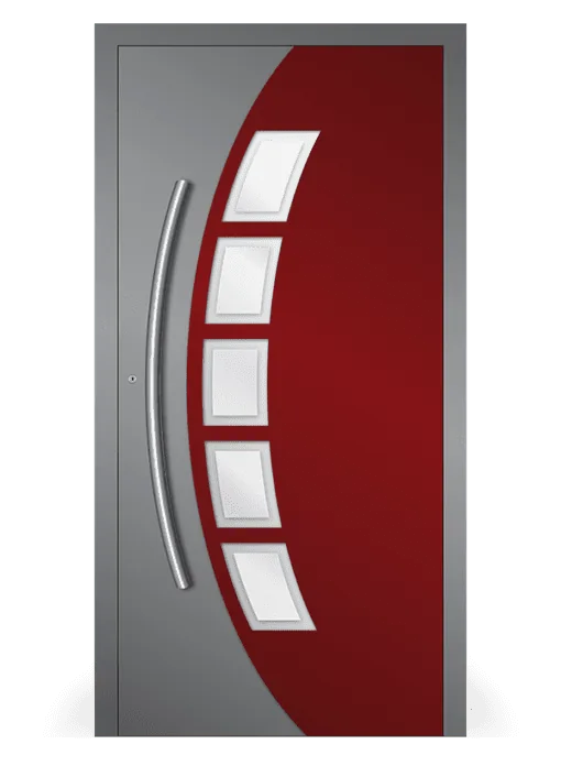 Moderne Aluminium-Haustür Inspiro Modell 12 in Rot von NORTA. Stilvoller Eingangsbereich mit hoher Sicherheit und Dämmung.