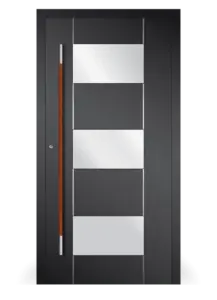 Moderne Aluminium-Haustür Modell 13 von NORTA mit Glaseinsätzen und langem Griff. Stilvoller Eingangsbereich mit hoher Sicherheit.