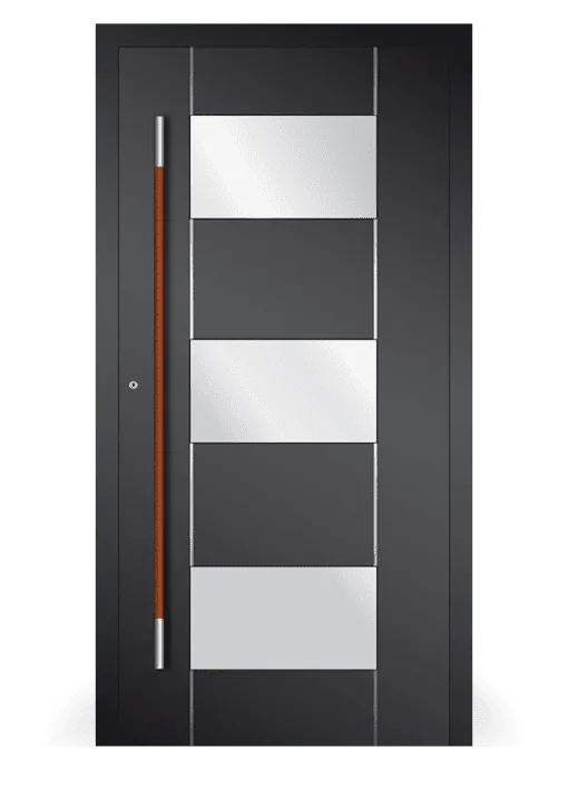 Moderne Aluminium-Haustür Modell 13 von NORTA mit Glaseinsätzen und langem Griff. Stilvoller Eingangsbereich mit hoher Sicherheit.