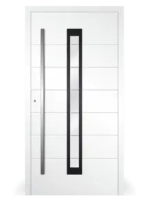 Moderne Aluminium-Haustür Modell 14 in Weiß von NORTA. Stilvolles Design mit hochwertigem Griff und Glaseinsatz.