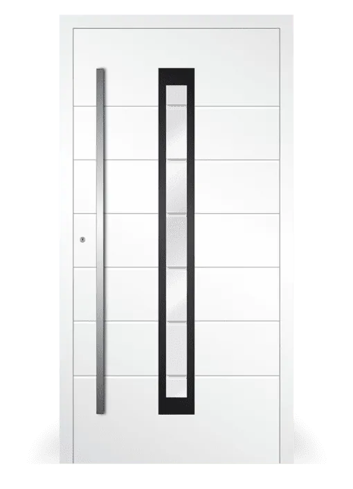 Moderne Aluminium-Haustür Modell 14 in Weiß von NORTA. Stilvolles Design mit hochwertigem Griff und Glaseinsatz.