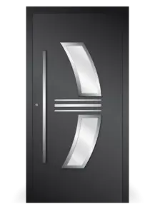 Moderne Aluminium-Haustür Inspiro Modell 15 mit Glasintarsien und Griff von NORTA. Stilvoller Eingangsbereich mit hoher Sicherheit.