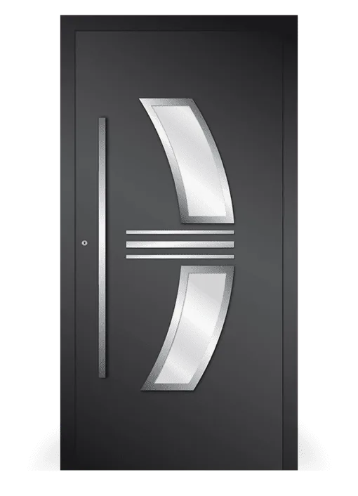 Moderne Aluminium-Haustür Inspiro Modell 15 mit Glasintarsien und Griff von NORTA. Stilvoller Eingangsbereich mit hoher Sicherheit.