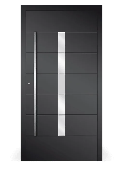 Moderne Aluminium-Haustür Inspiro Modell 16 in Anthrazit von NORTA. Stilvolles Design mit Glaselementen und hoher Sicherheit.