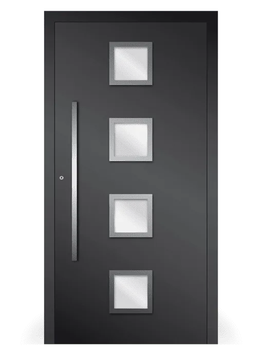 Moderne Aluminium-Haustür Inspiro-Design von NORTA. Stilvolle Tür mit quadratischen Glaseinsätzen und elegantem Griff.