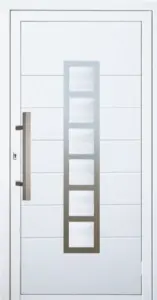 Moderne Aluminium-Haustür mit Glaseinsatz und Griff von NORTA. Stilvoller Eingangsbereich in Weiß mit hoher Sicherheit.