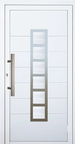 Moderne Aluminium-Haustür mit Glaseinsatz und Griff von NORTA. Stilvoller Eingangsbereich in Weiß mit hoher Sicherheit.