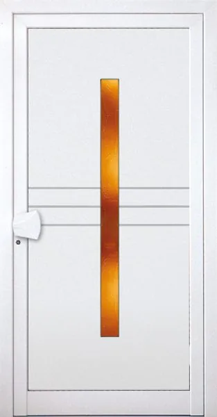 Moderne Alu-Haustür mit vertikalem Glasstreifen in Weiß von NORTA. Stilvoller Eingangsbereich mit hoher Sicherheit und Dämmung.