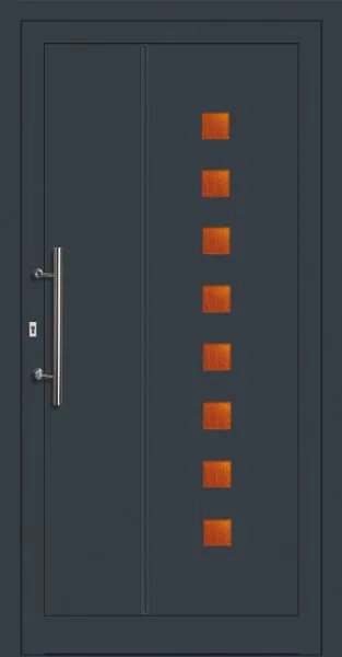 Moderne Aluminium-Haustür mit senkrechtem Griff und Glasakzent von NORTA. Stilvolle Eingangslösung in dunkler Ausführung.