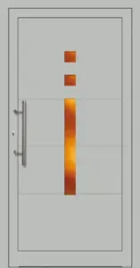 Moderne Aluminium-Haustür mit Griff und vertikalem Glasornament von NORTA. Stilvoll und sicher für jeden Eingangsbereich.