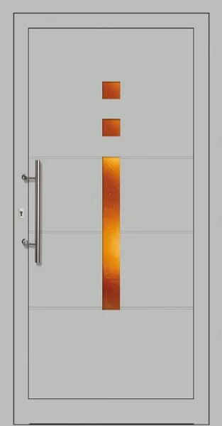 Moderne Aluminium-Haustür mit Griff und vertikalem Glasornament von NORTA. Stilvoll und sicher für jeden Eingangsbereich.