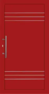 Moderne Aluminium-Haustür in Rot mit dekorativen Linien und Griff von NORTA. Stilvoll und sicher für einen attraktiven Eingangsbereich.