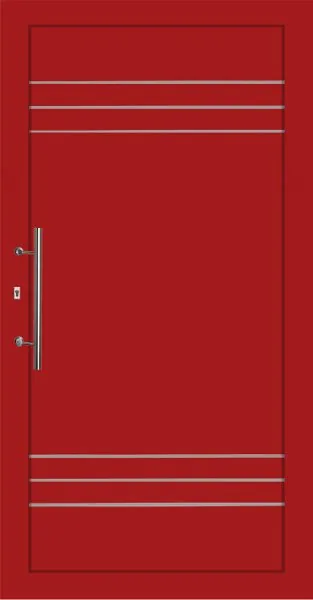 Moderne Aluminium-Haustür in Rot mit dekorativen Linien und Griff von NORTA. Stilvoll und sicher für einen attraktiven Eingangsbereich.