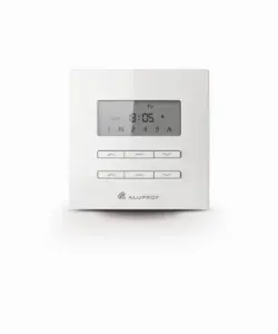 Weißer Aluprof Raumcontroller von NORTA für die Steuerung von Rollläden und Jalousien. Modernes Design mit LED-Anzeige.