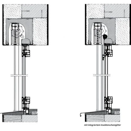 Schnittzeichnung einer Styroterm-Variante mit integriertem Insektenschutzgitter von NORTA. Effektive Dämmung und Schutz.