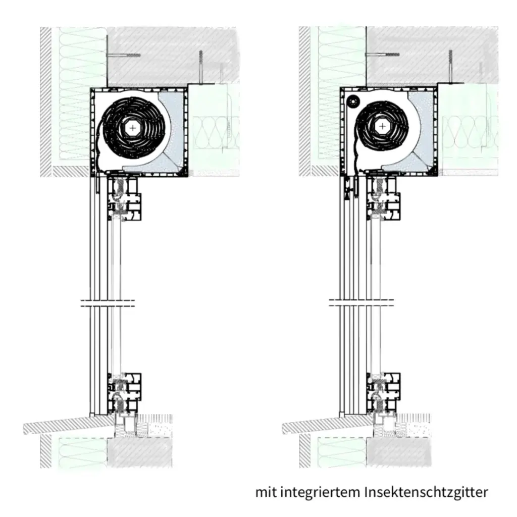 Querschnitt eines Aufsatzrollladens mit Kunststoffkasten von NORTA, inklusive integriertem Insektenschutzgitter.