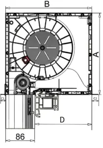 Technische Zeichnung eines externen Rollladenkastens von NORTA. Wichtige Komponenten für den effizienten Einbau sichtbar.