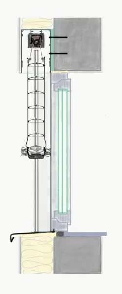 Schnittdarstellung einer Fassadenmontage für Rollläden von NORTA. Veranschaulicht die Installation und Integration in das Mauerwerk.