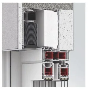 Fassadenraffstore Einbaudetail von NORTA. Optimiert für moderne Fassadenintegration und effektiven Sonnenschutz.