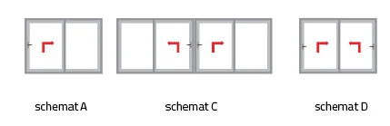 Grafische Darstellung der Fensterschemata A, C und D von NORTA. Verschiedene Öffnungsvarianten zur Auswahl.
